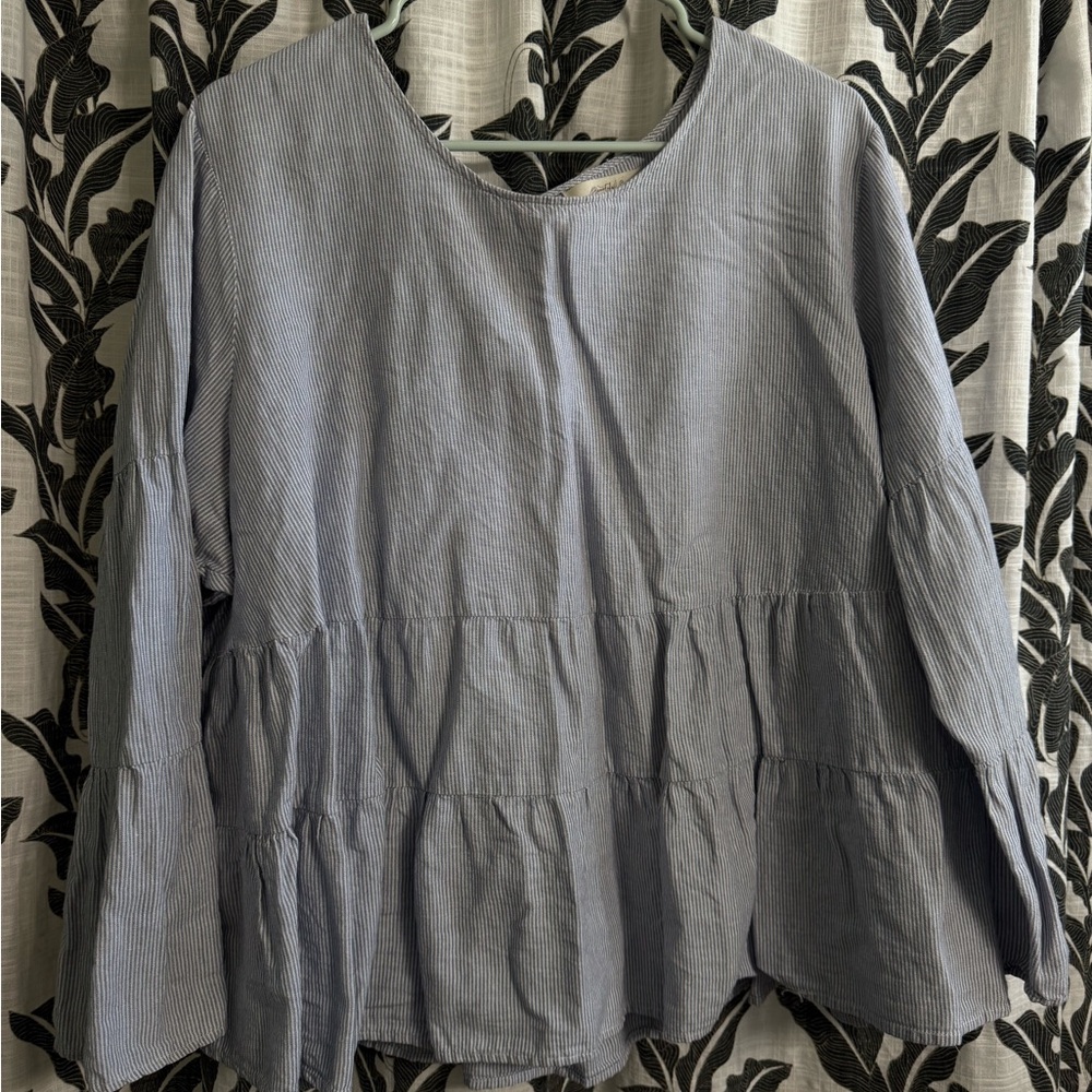 Blue and White Boxy Tiered Blouse with 3/4 Sleeves